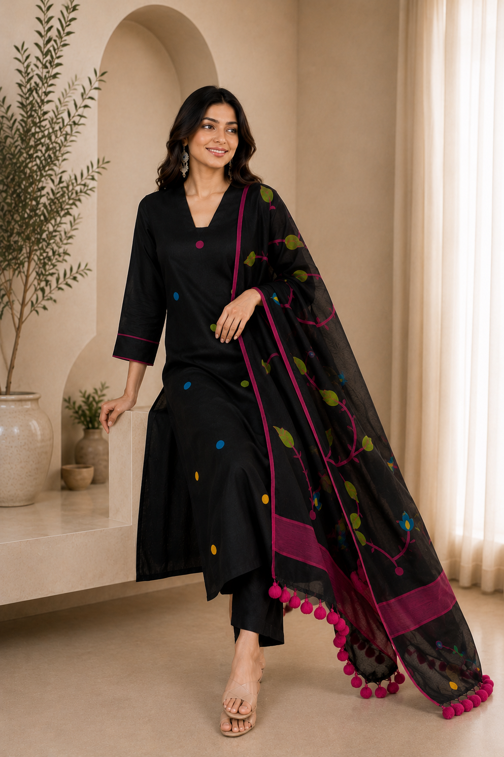 Black Printed Kurta Pant Set with Designer Dupatta