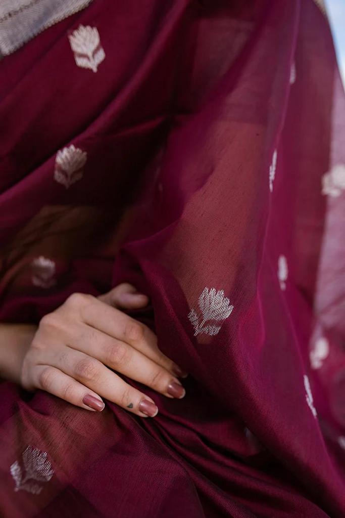 Women's Emerald Wine Saree with Silver Zari Border