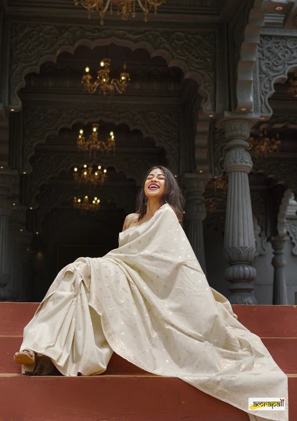 Women's Cream Silk Saree with Golden Zari Border