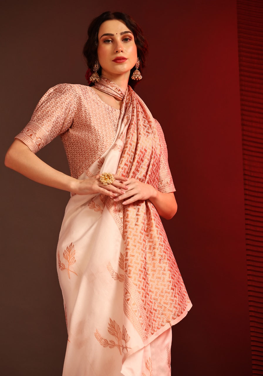 Elegant Off-White Floral Print Saree with Peach Woven Border