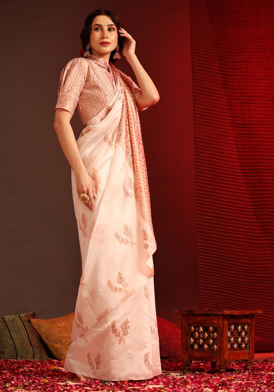 Elegant Off-White Floral Print Saree with Peach Woven Border