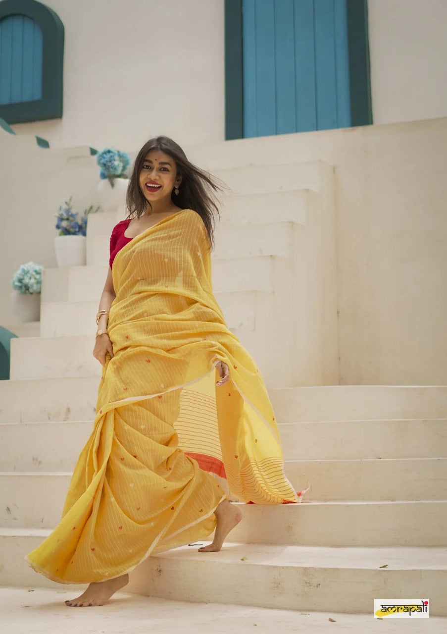 Women's Elegant Yellow Striped Saree with Contrast Red Blouse