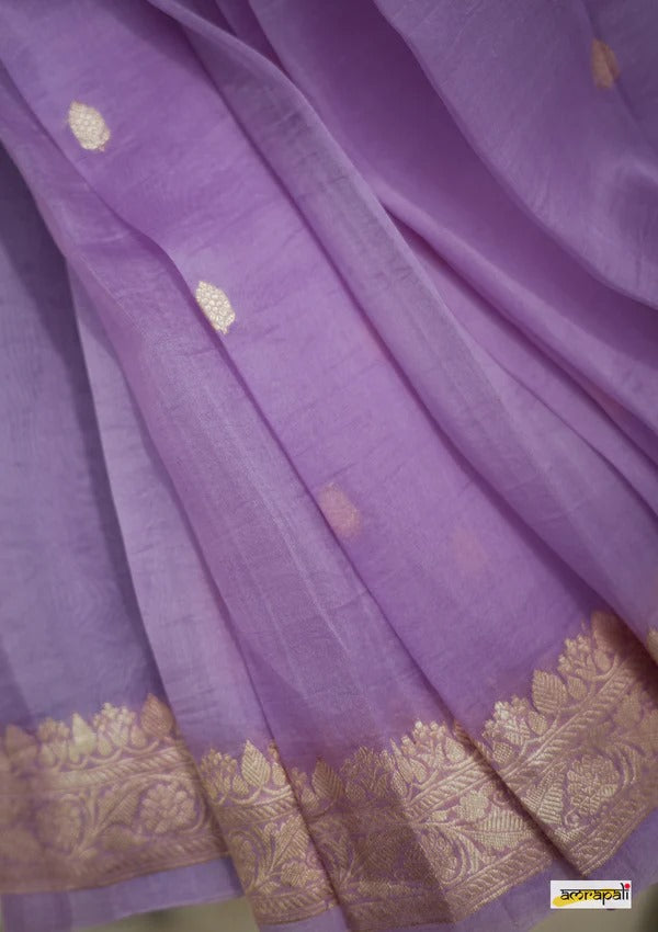 Women's Lavender Silk Saree with Golden Zari Border