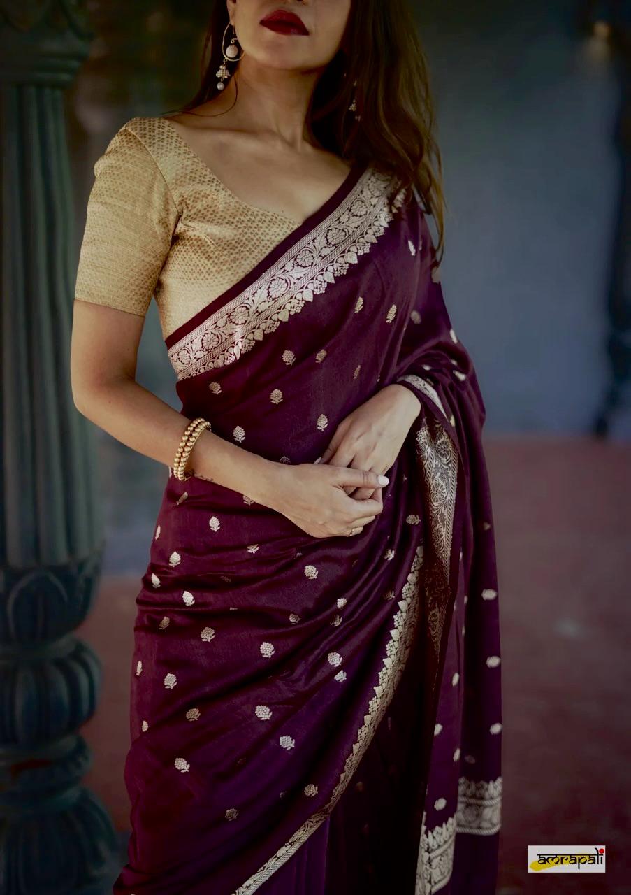 Women's Wine Silk Saree with Golden Zari Border
