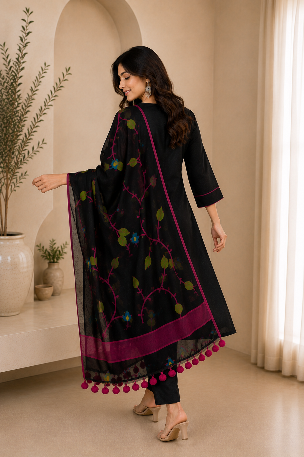 Black Printed Kurta Pant Set with Designer Dupatta