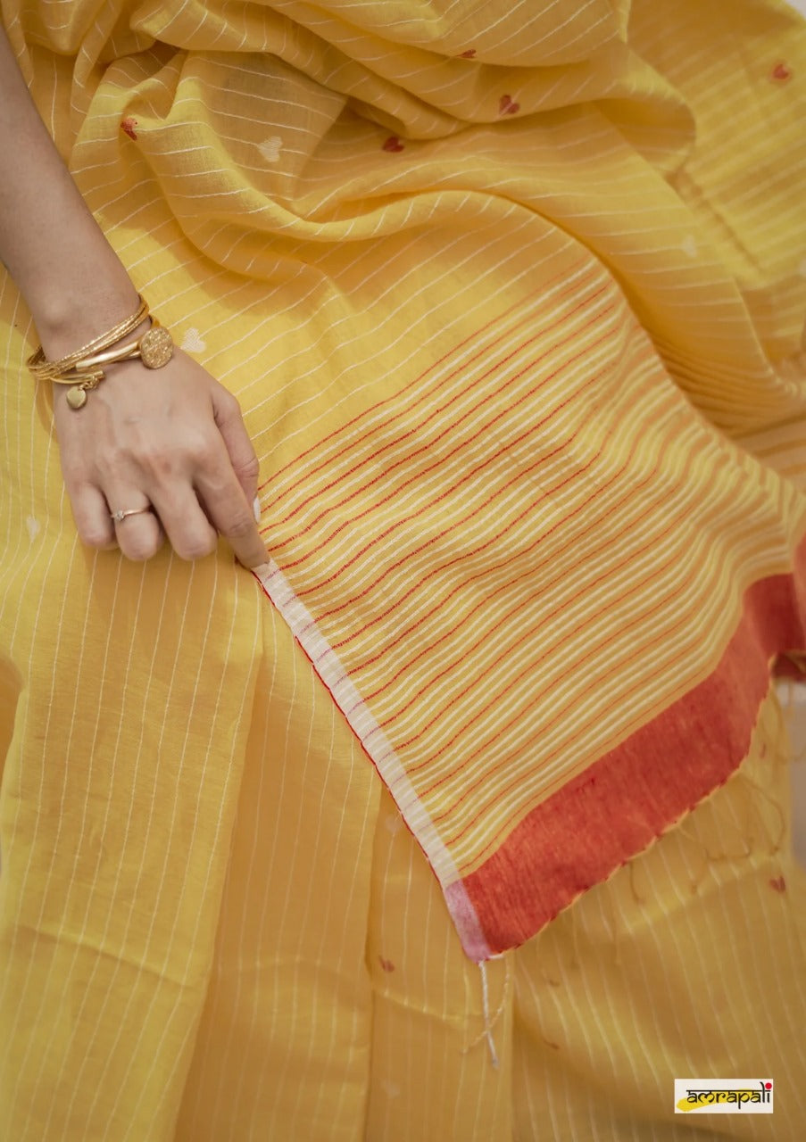 Women's Elegant Yellow Striped Saree with Contrast Red Blouse