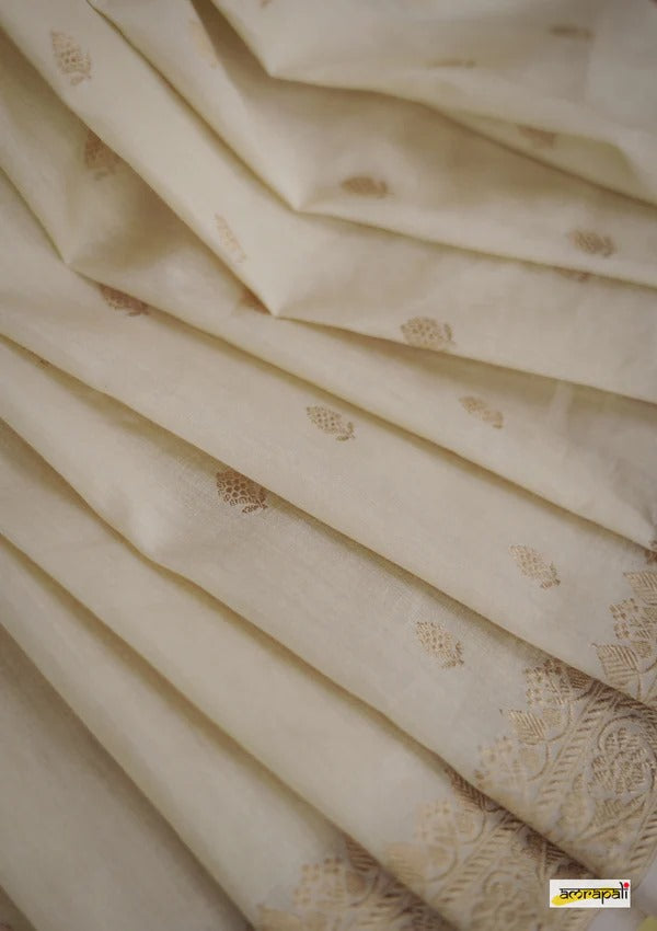 Women's Cream Silk Saree with Golden Zari Border