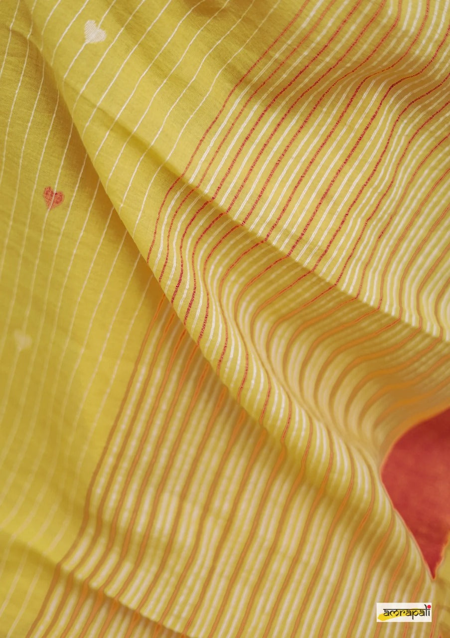 Women's Elegant Yellow Striped Saree with Contrast Red Blouse