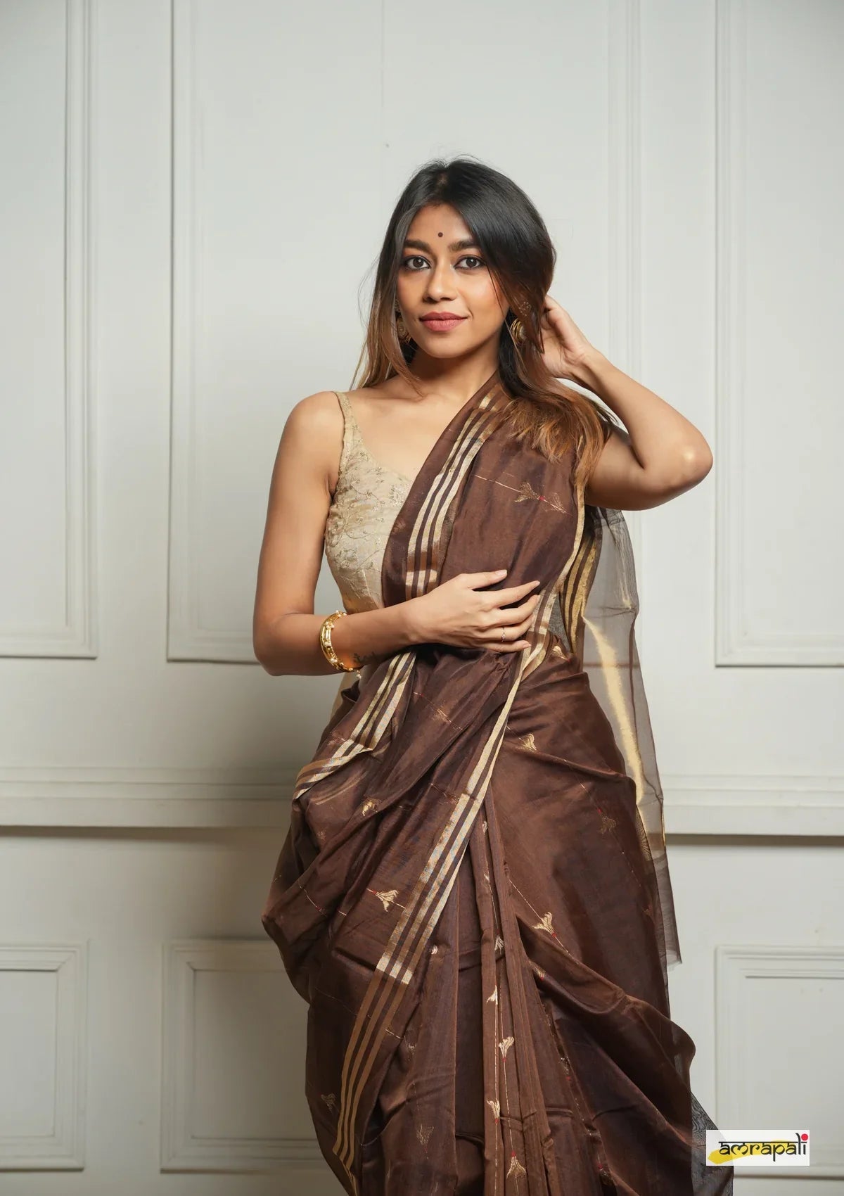 Women's Chocolate Brown Organza Saree with Golden Border