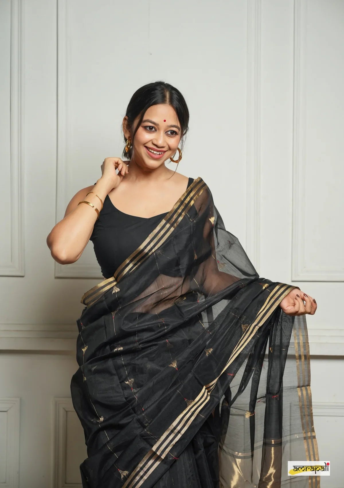 Women's Black Organza Saree with Golden Border