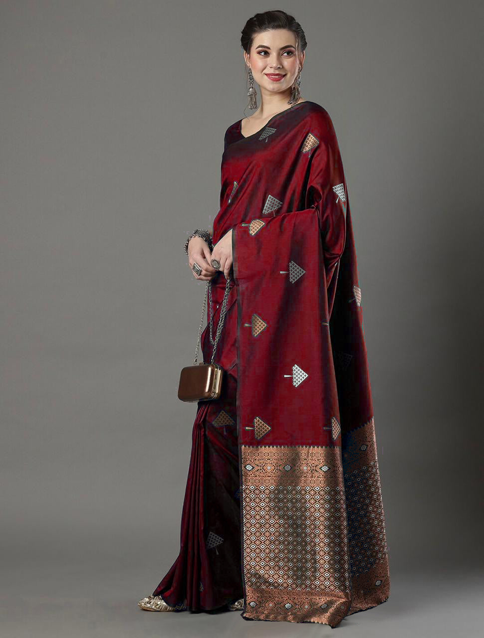 Elegant Maroon Silk Saree with Zari Motifs & Rich Designer Border