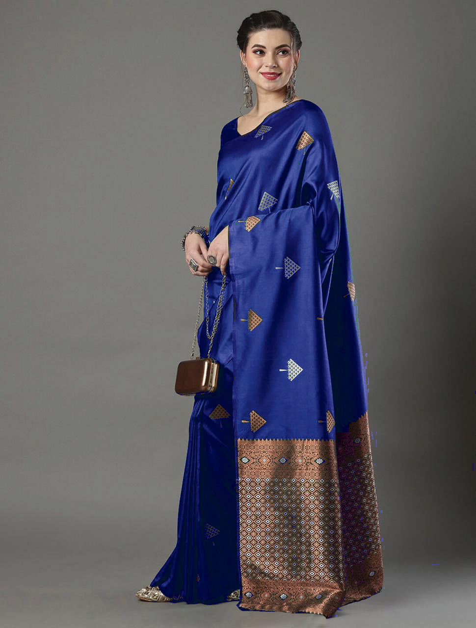 Royal Blue Silk Saree with Elegant Zari Motifs & Rich Woven Border