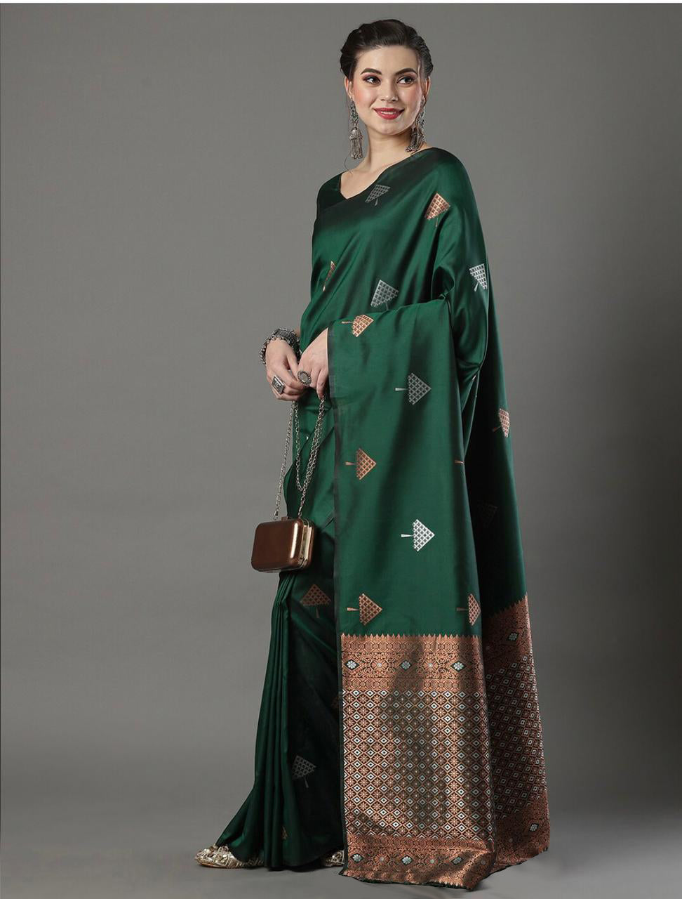 Royal  Bottle Green Saree with Elegant Zari Motifs & Rich Woven Border