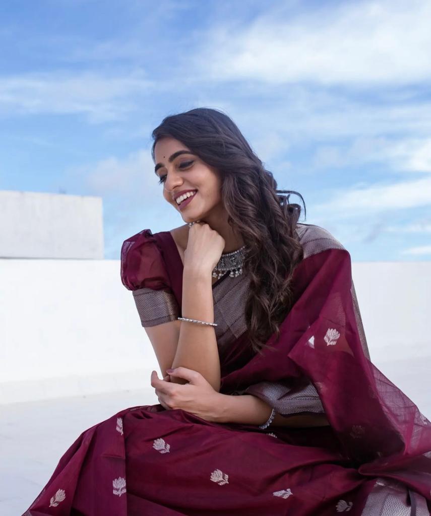 Women's Emerald Wine Saree with Silver Zari Border