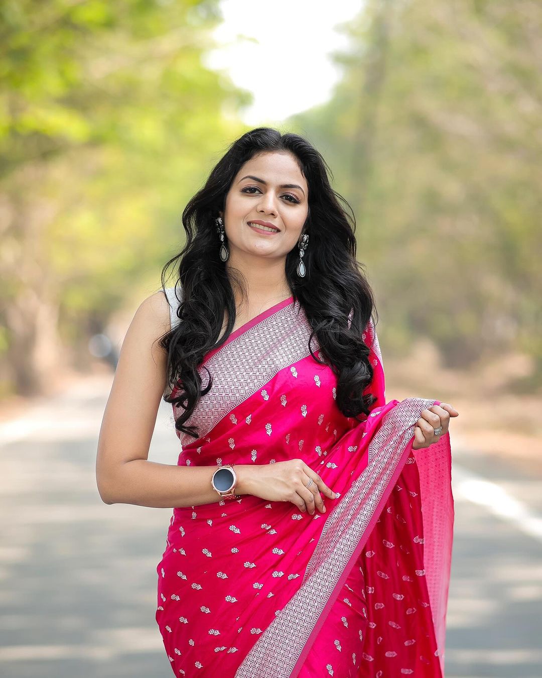 Women's Emerald Pink Printed Saree with Silver Border
