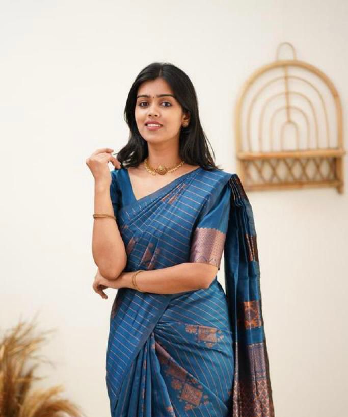 Royal Teal Blue Designer Saree with Copper Woven Pattern
