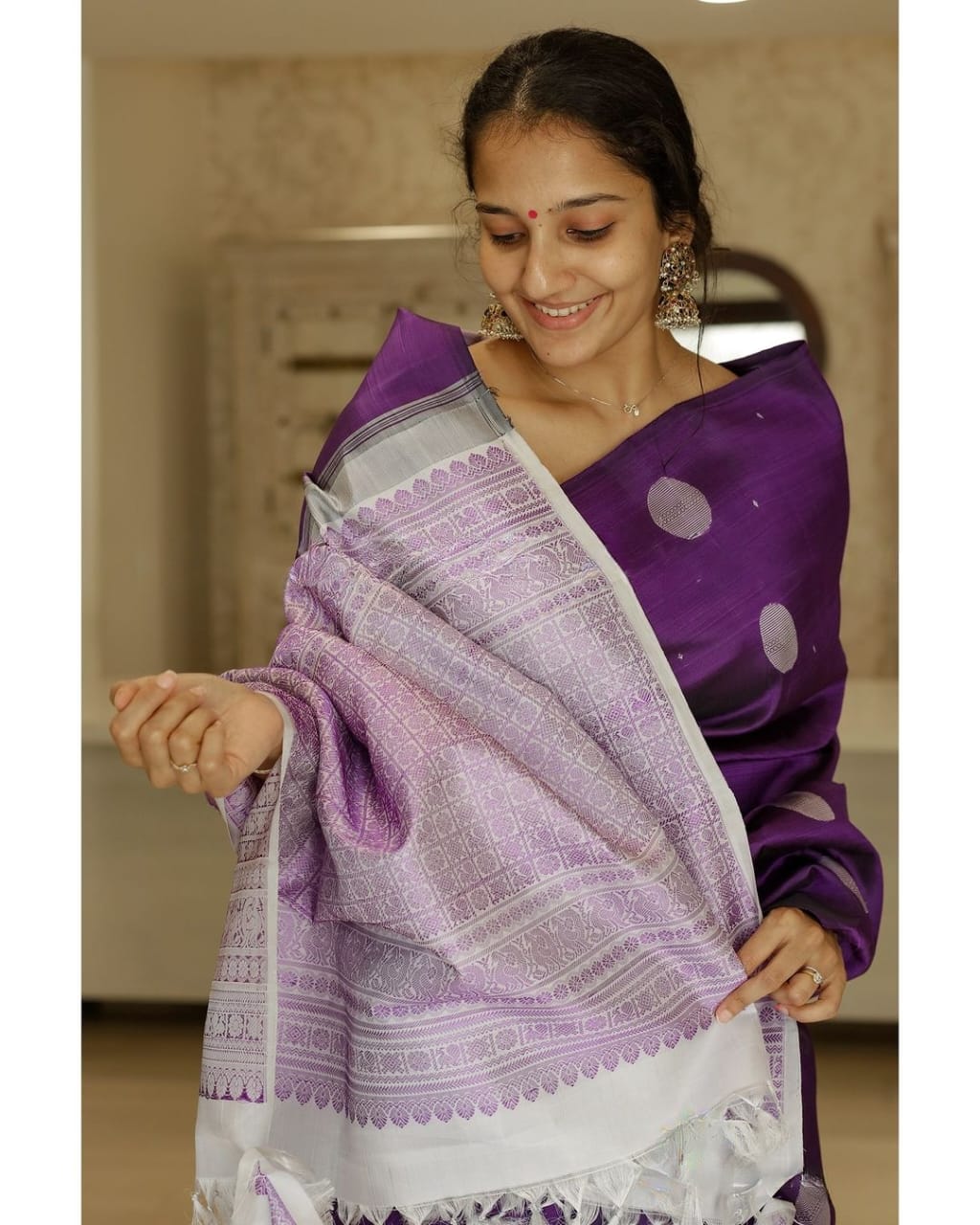 Royal Purple Silk Saree with Silver Zari Polka Motifs & Rich Woven Border