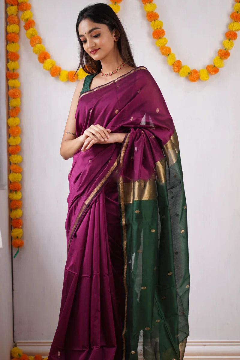 Innovative Dark Pink Cotton Silk Saree With Lovely Blouse Piece
