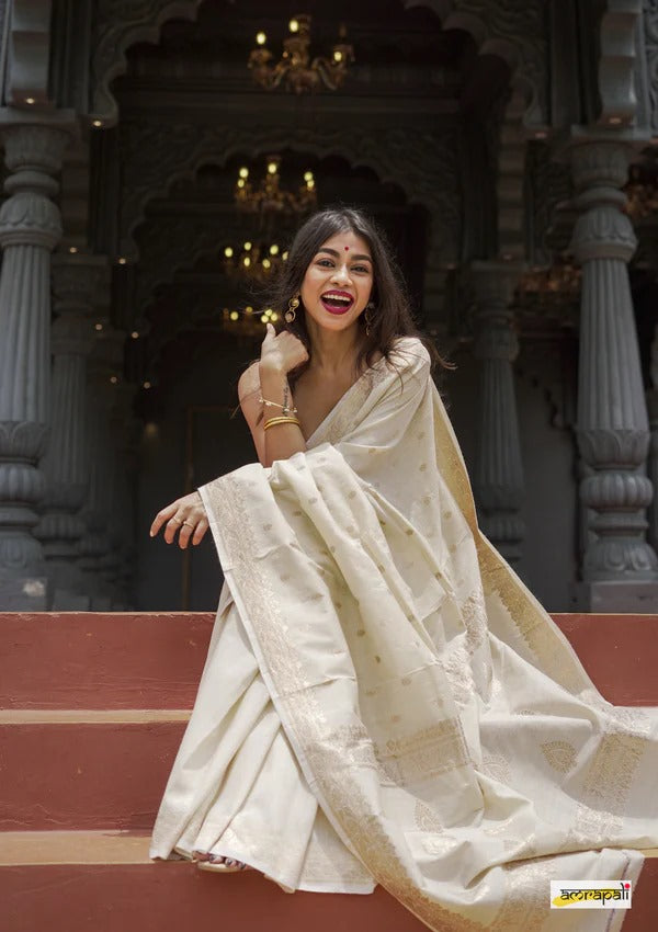 Women's Cream Silk Saree with Golden Zari Border