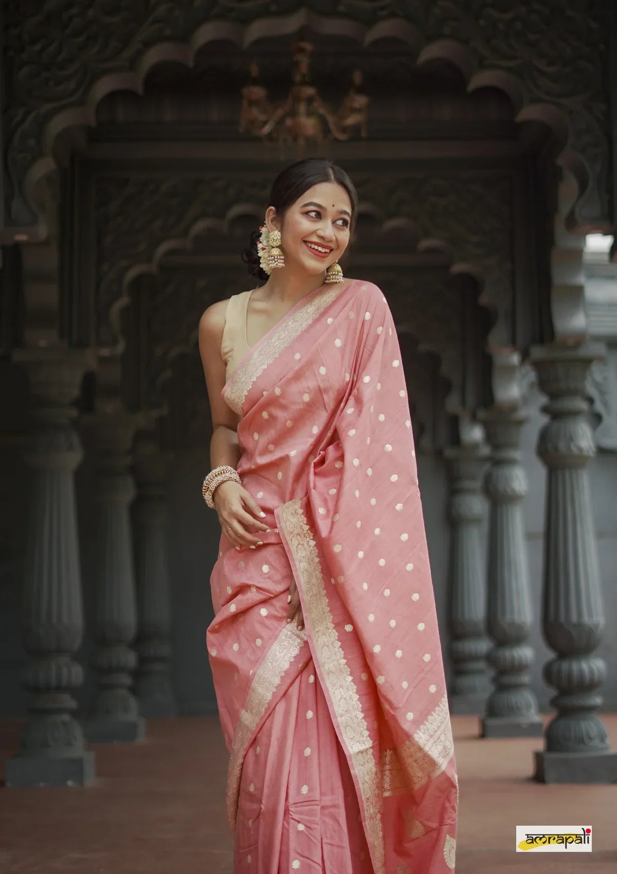 Women's Blush Pink Silk Saree with Golden Zari Border