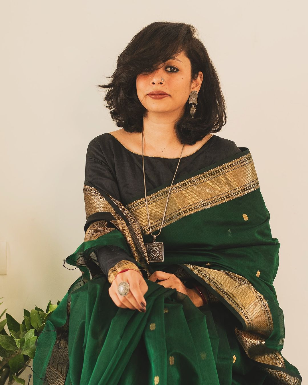 Women's Dark Green Silk Saree with Golden Zari Border