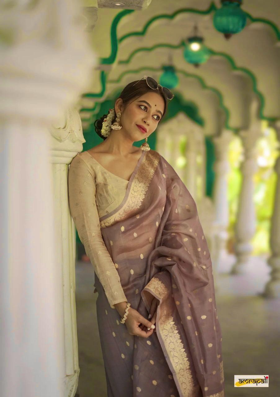 Women's Mauve Silk Saree with Golden Zari Border