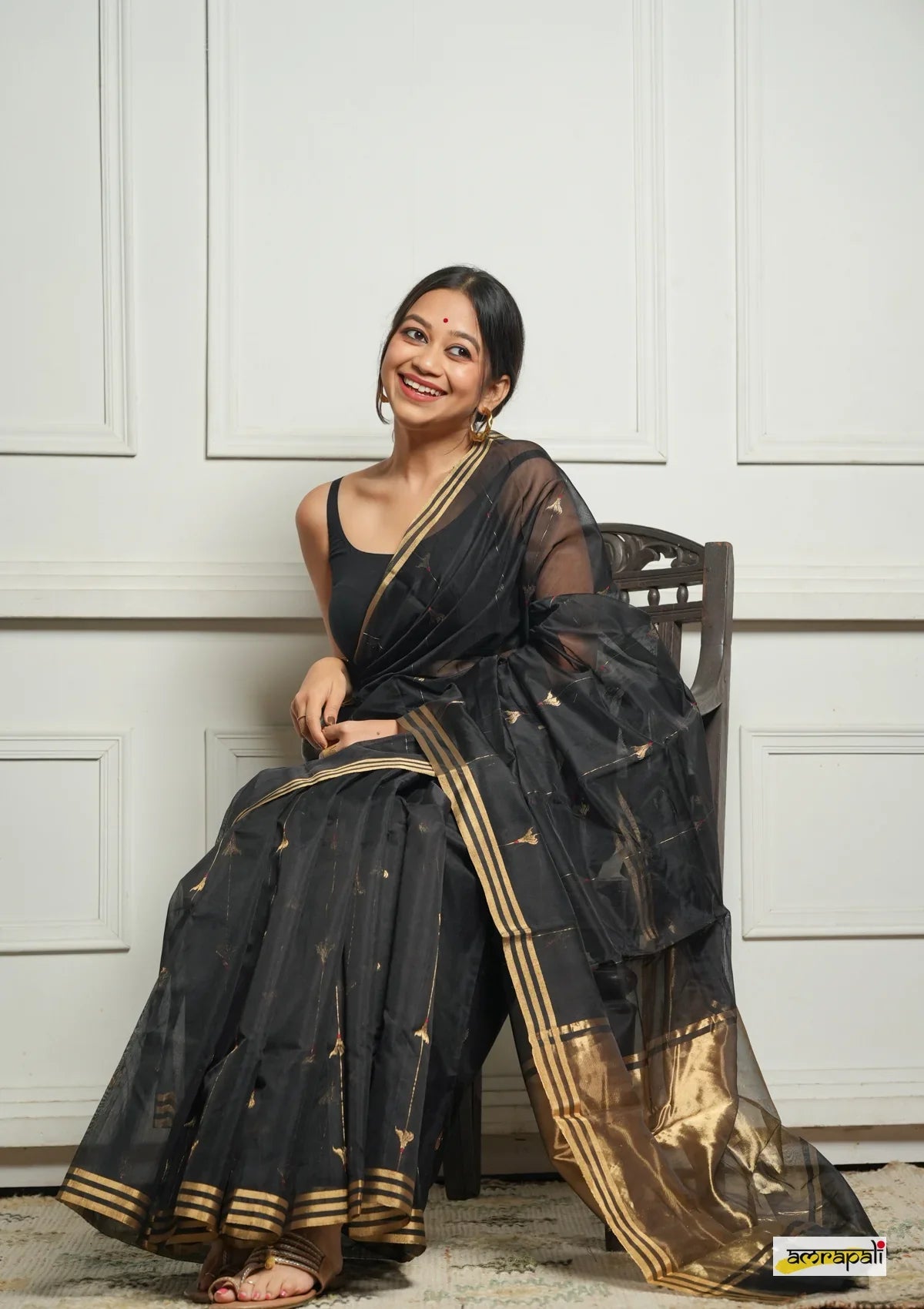 Women's Black Organza Saree with Golden Border