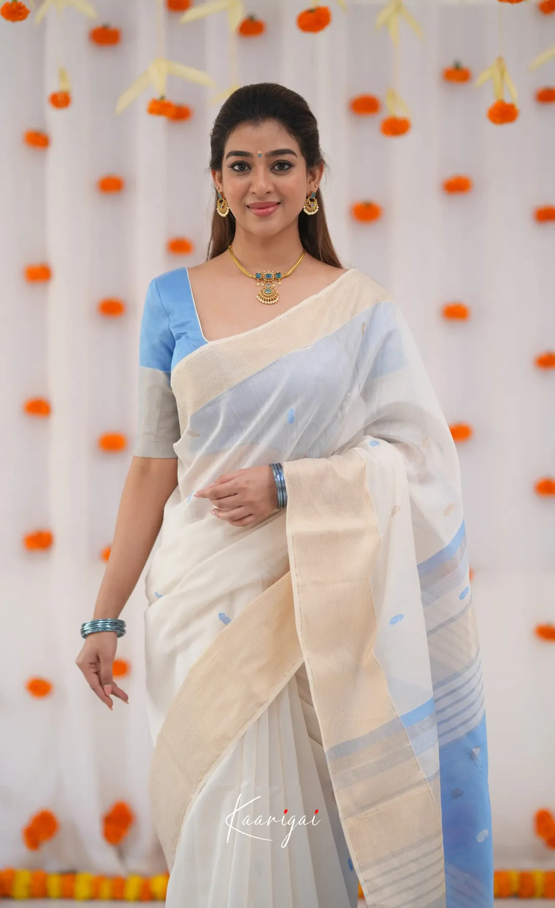 Women's White & Sky Blue Border Saree