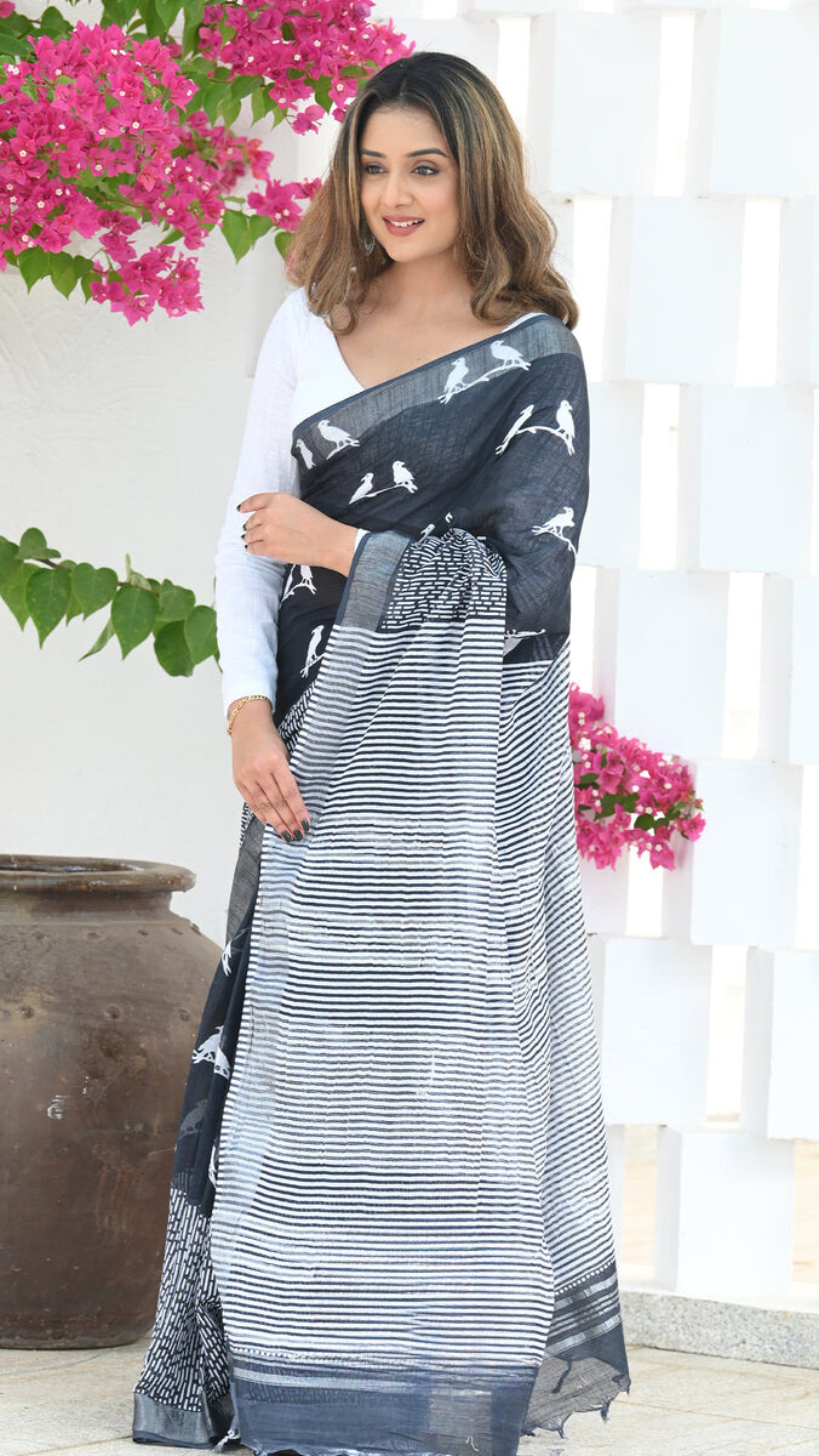 Women's Black Printed Saree with White Bird Motifs