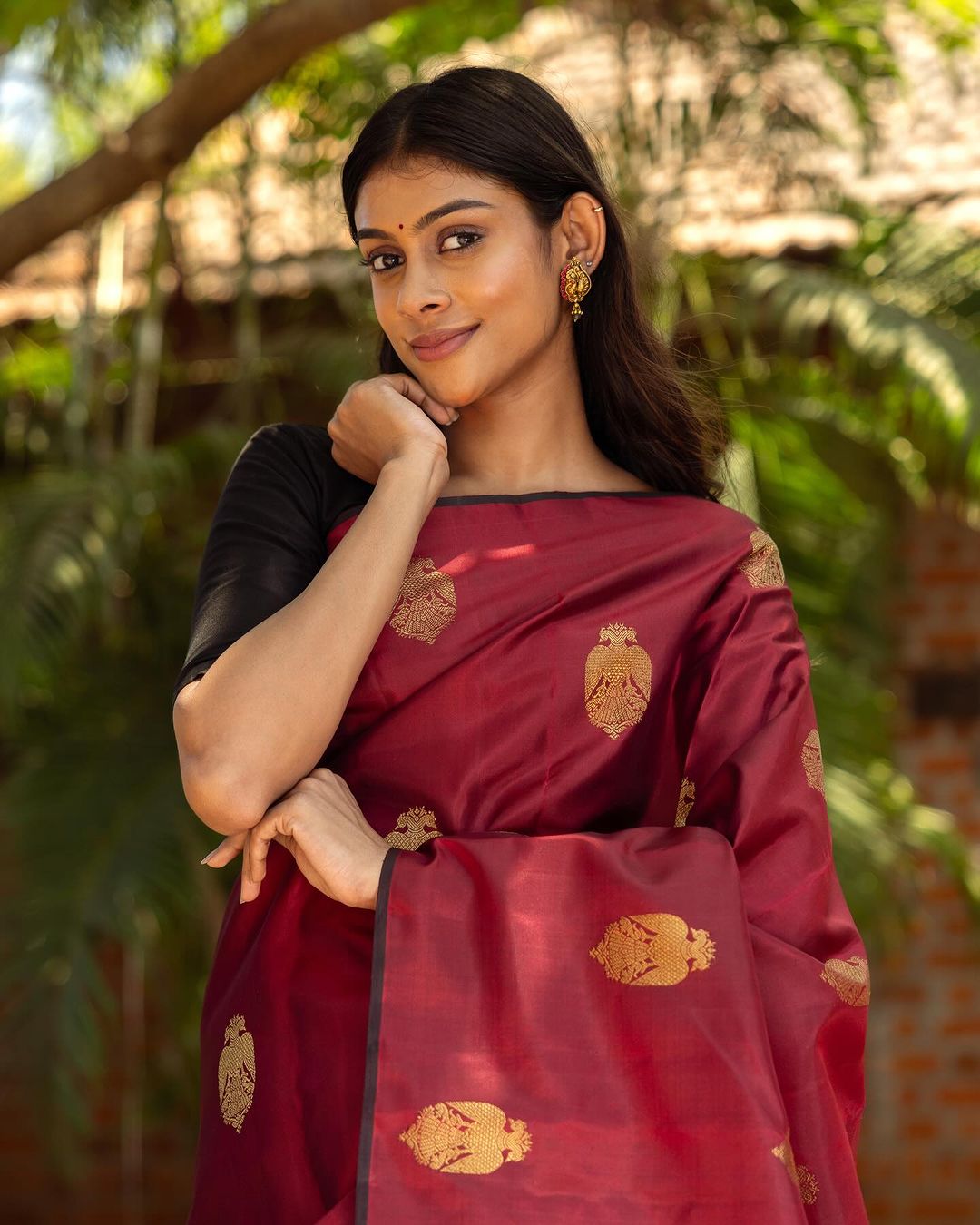 Elegant Wine Red Silk Saree with Gold Motifs & Rich Zari Border