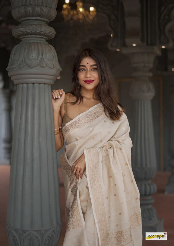 Women's Cream Silk Saree with Golden Zari Border