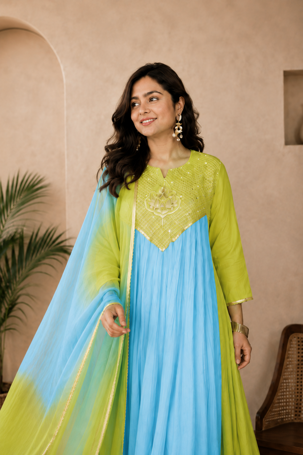 Sky Blue & Lime Green Embroidered Kurta Set with Dupatta for Women