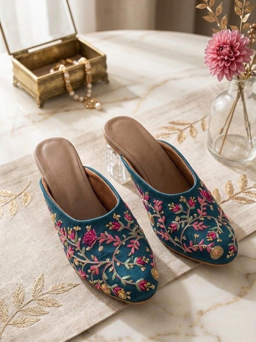 Women's Teal Floral Embroidered Transparent Block Heel Mule Sandals