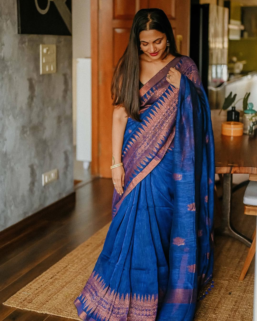 Women's Royal Blue Silk Saree with Copper Zari Border