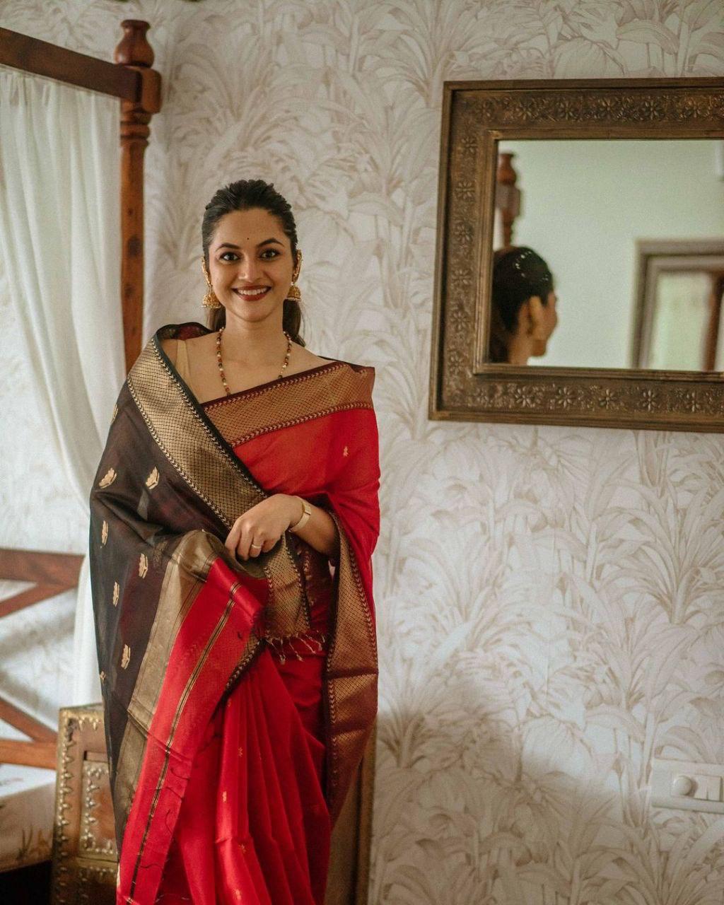 Women's Ruby Red Silk Saree with Golden Zari Border