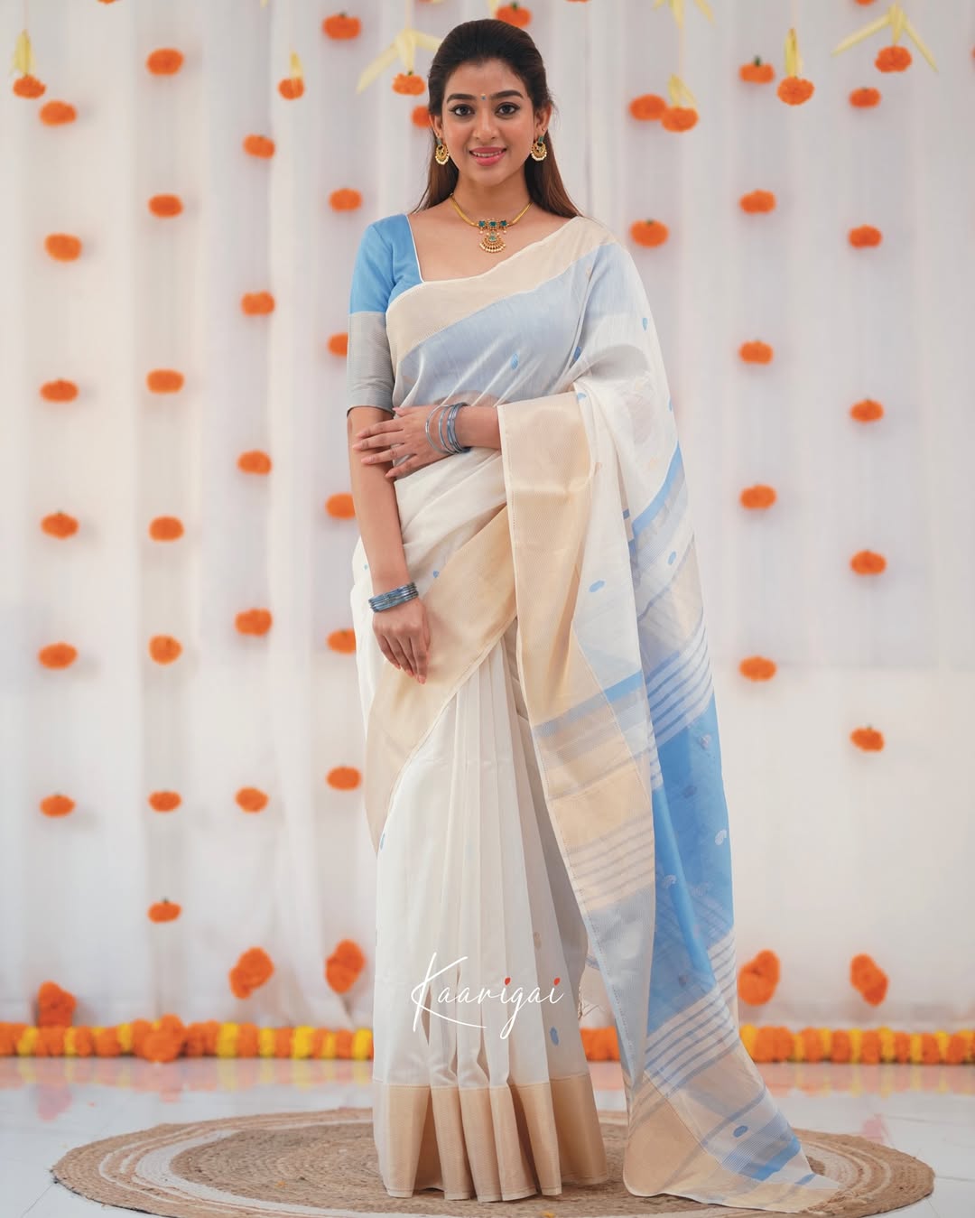 Women's White & Sky Blue Border Saree