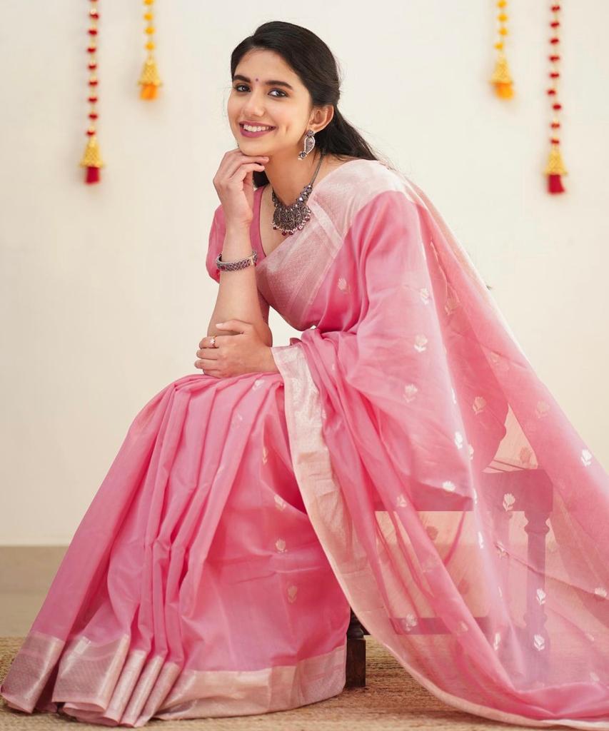 Women's Emerald Pink Saree with Silver Zari Border