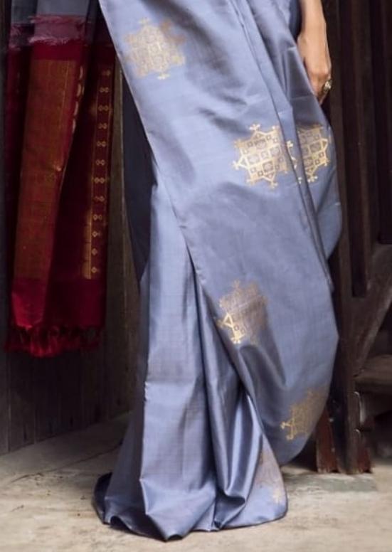 Elegant Steel Grey Silk Saree with Gold Motifs & Contrast Designer Pallu