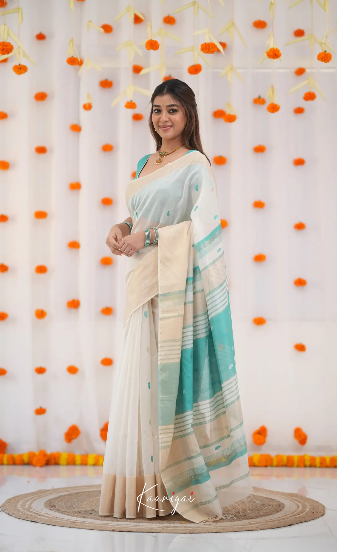 Women's White & Aqua Blue Border Saree