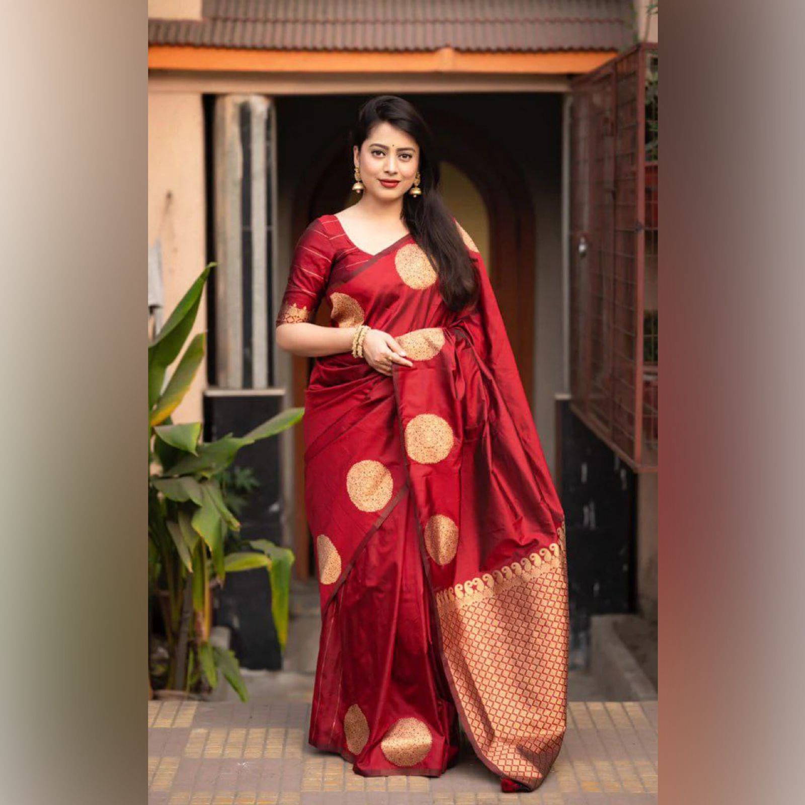 Elegant Red Silk Saree with Gold Polka Motifs & Rich Designer Pallu