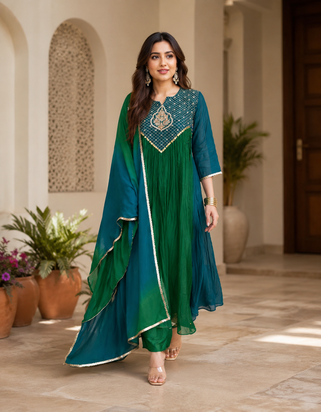 Emerald Green Designer Anarkali Kurta Pant Set with Dual-Tone Dupatta