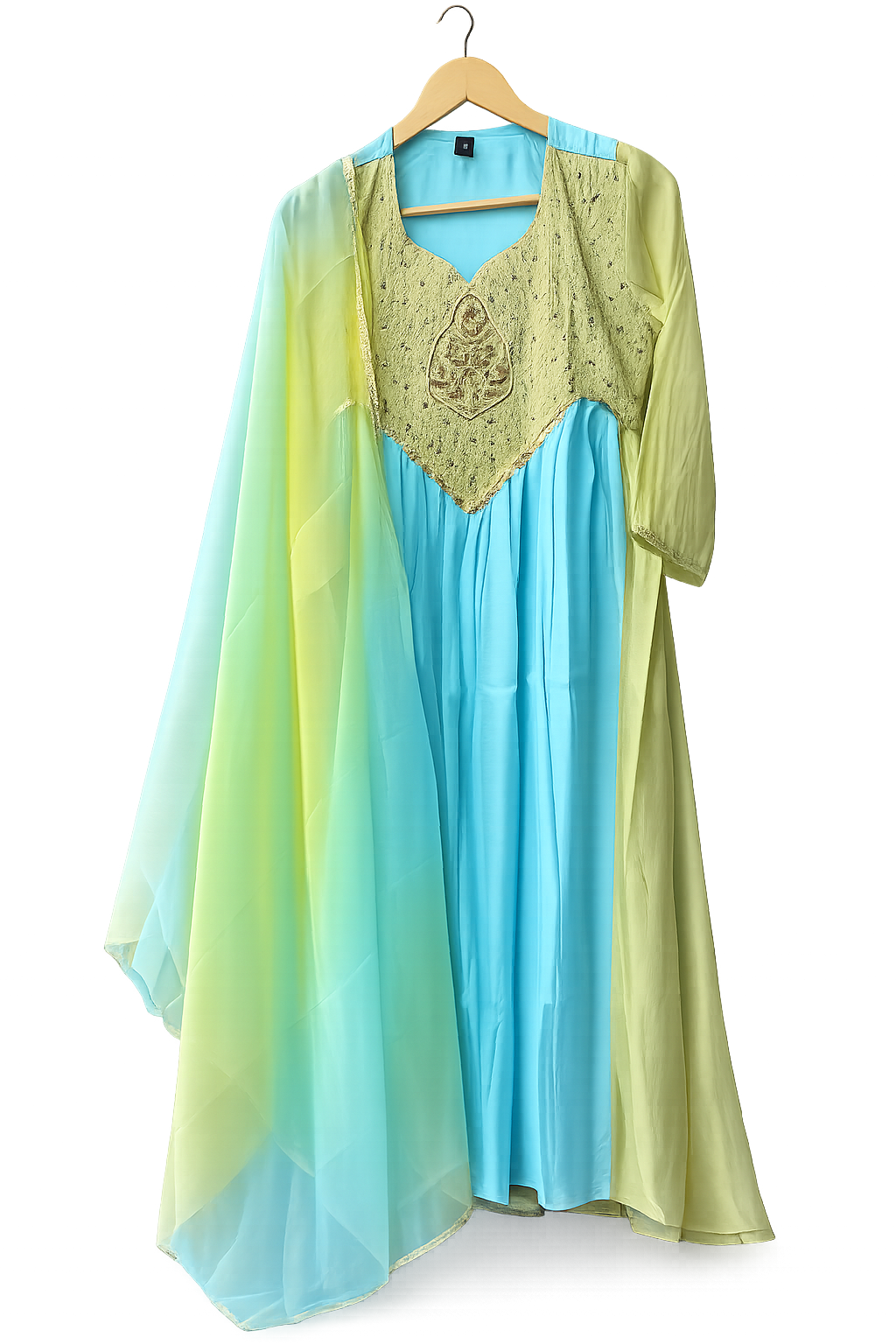 Sky Blue & Lime Green Embroidered Kurta Set with Dupatta for Women