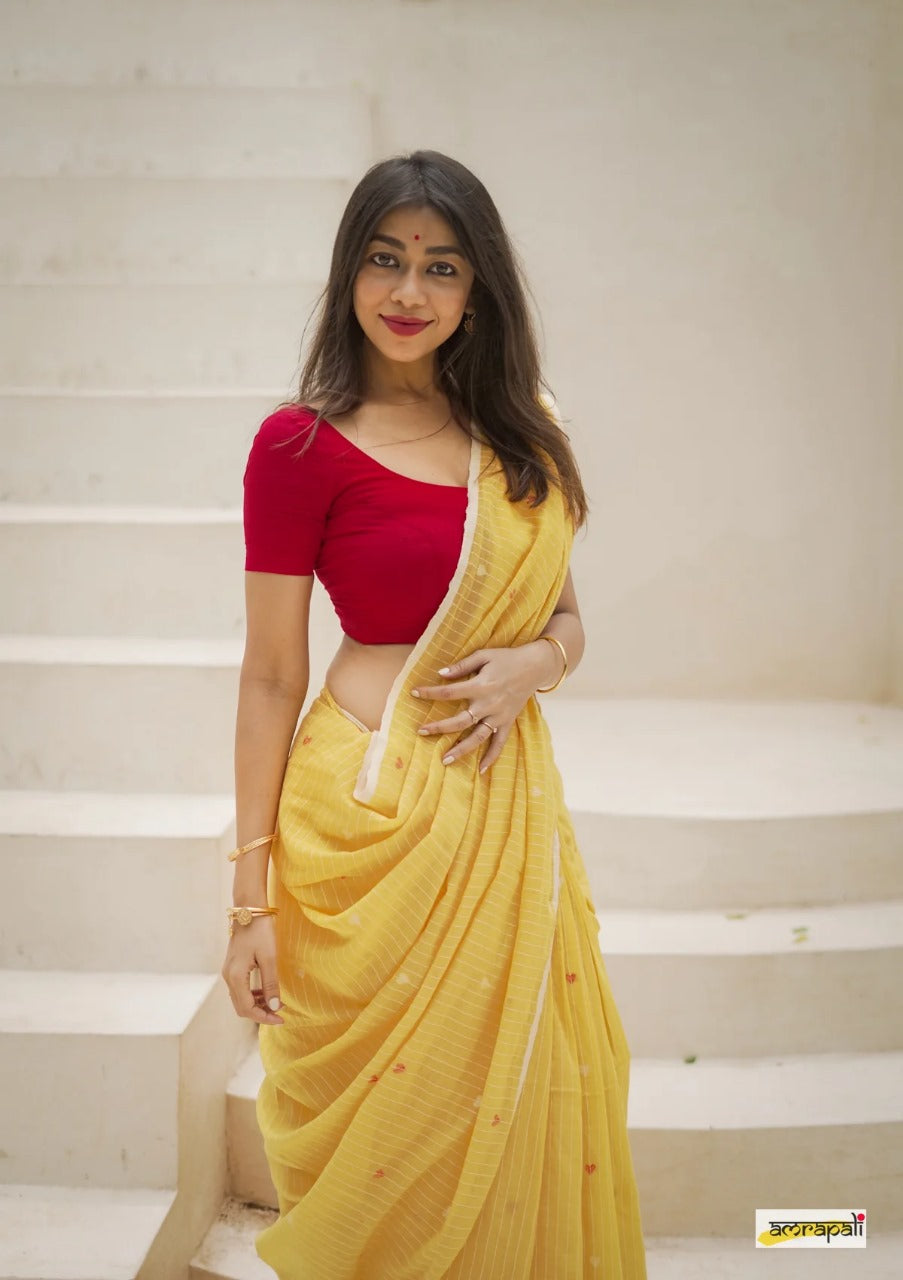 Women's Elegant Yellow Striped Saree with Contrast Red Blouse