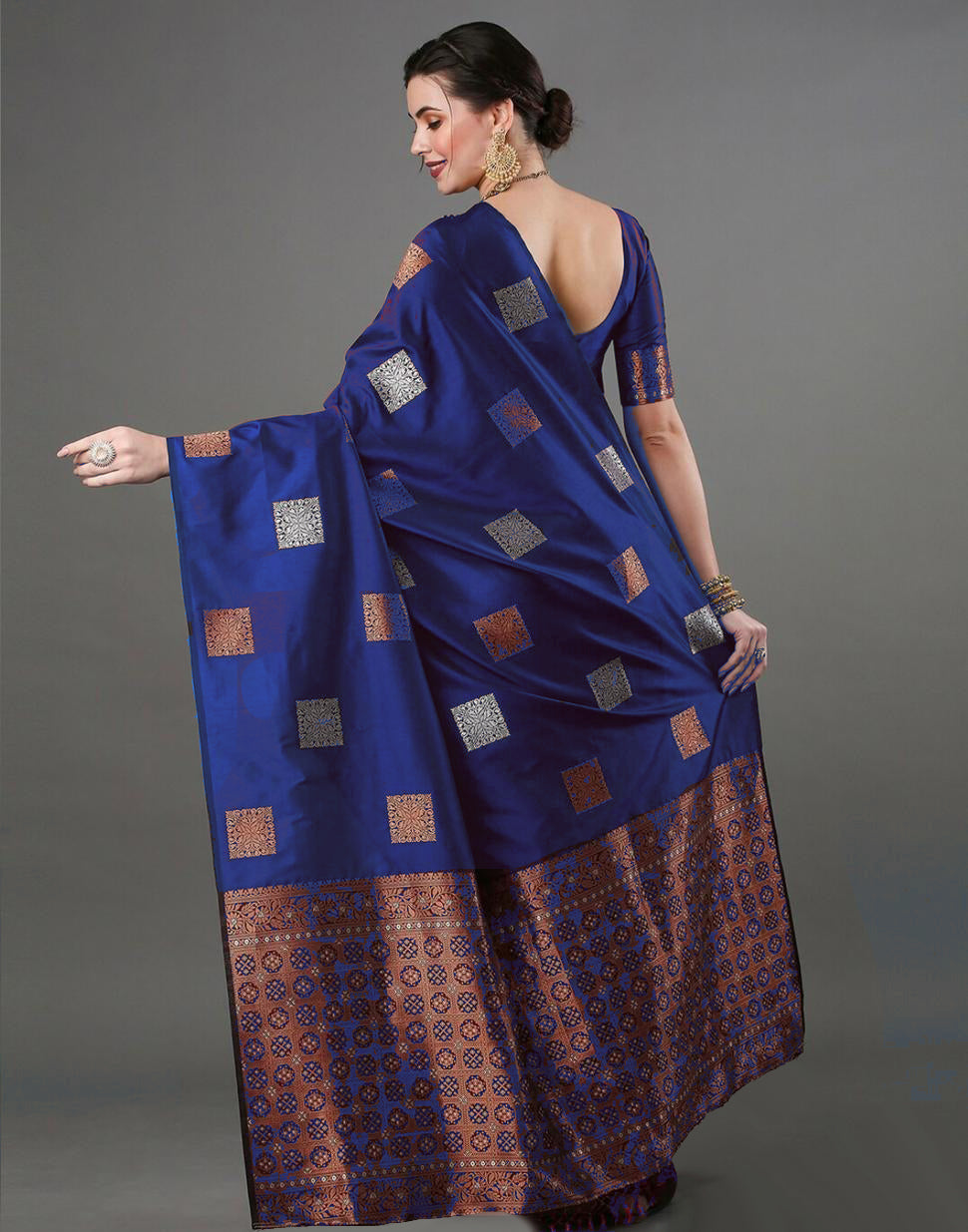Royal Blue Banarasi Style Silk Saree with Rich Copper Zari Border