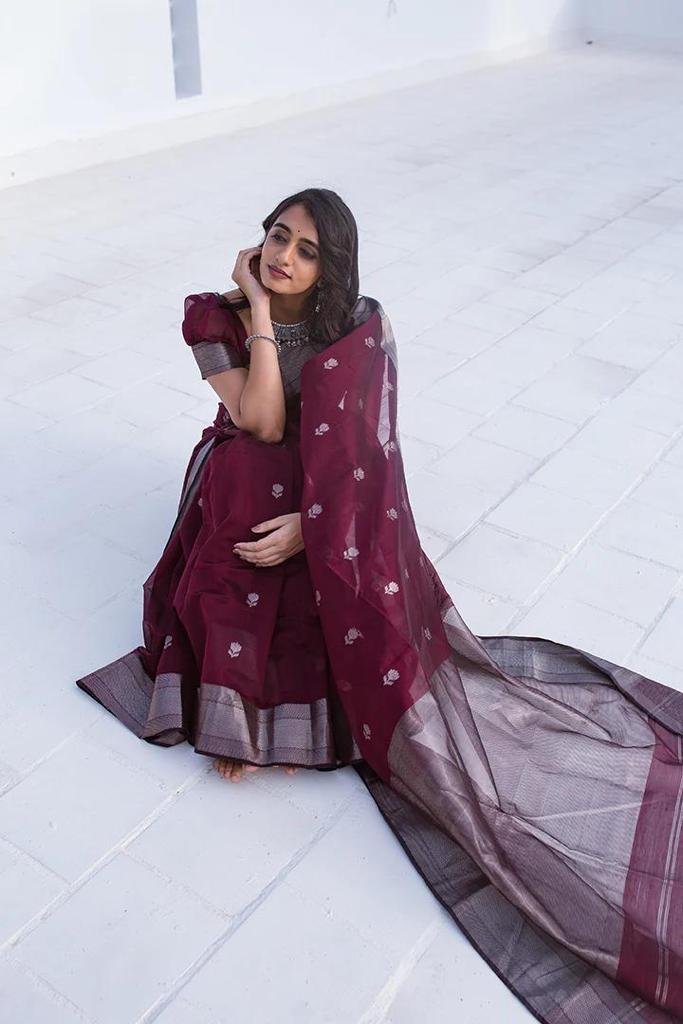 Women's Emerald Wine Saree with Silver Zari Border