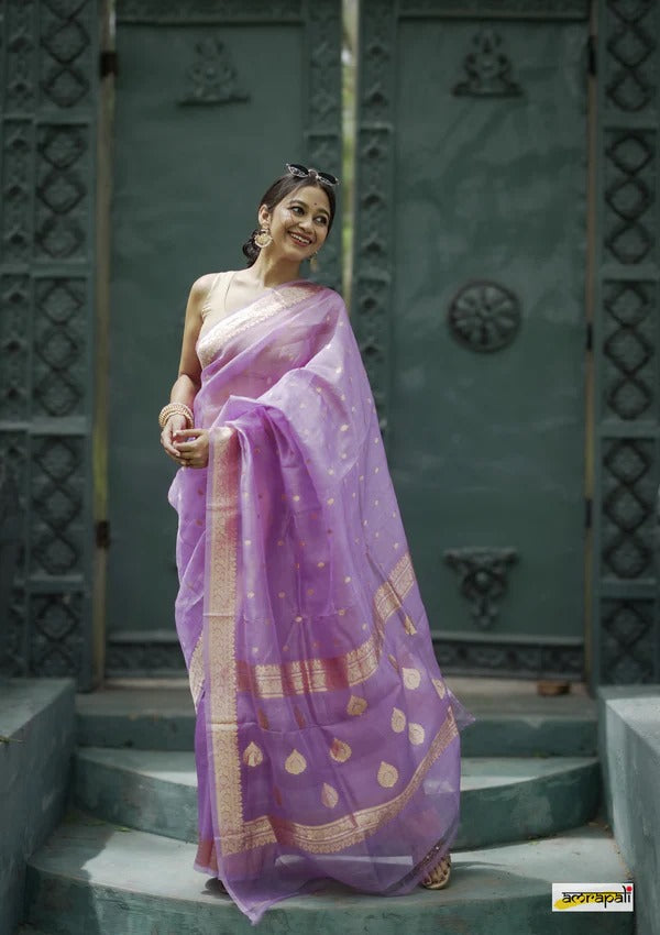 Women's Lavender Silk Saree with Golden Zari Border