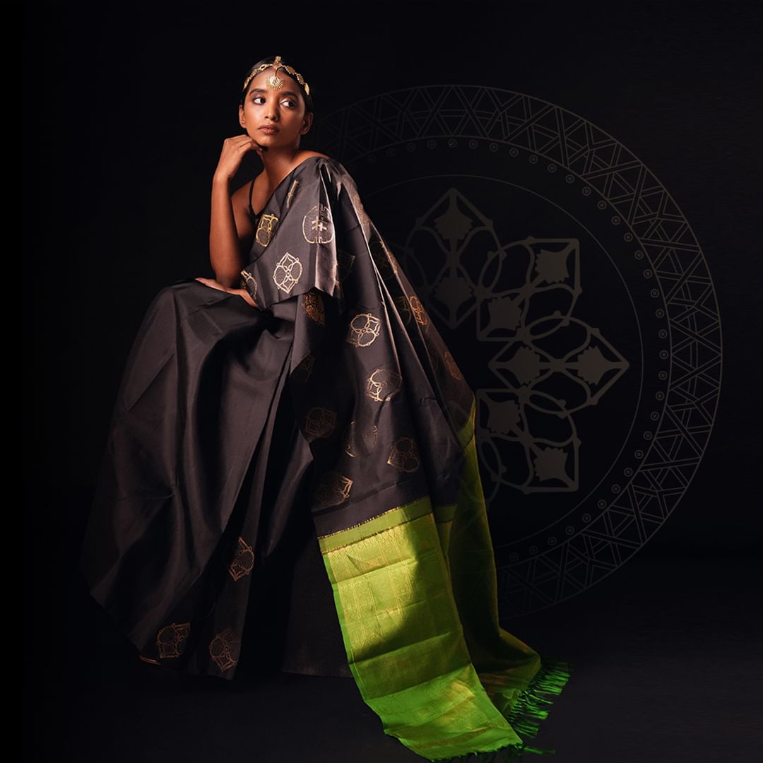 Elegant Charcoal Black & Lime Green Designer Saree with Woven Motifs