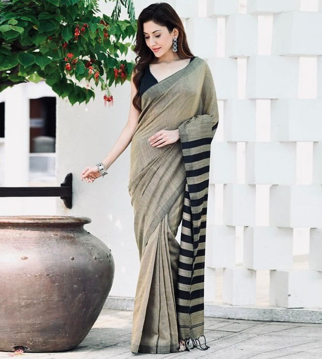 Women's Elegant Olive Grey Saree with Black Striped Pallu