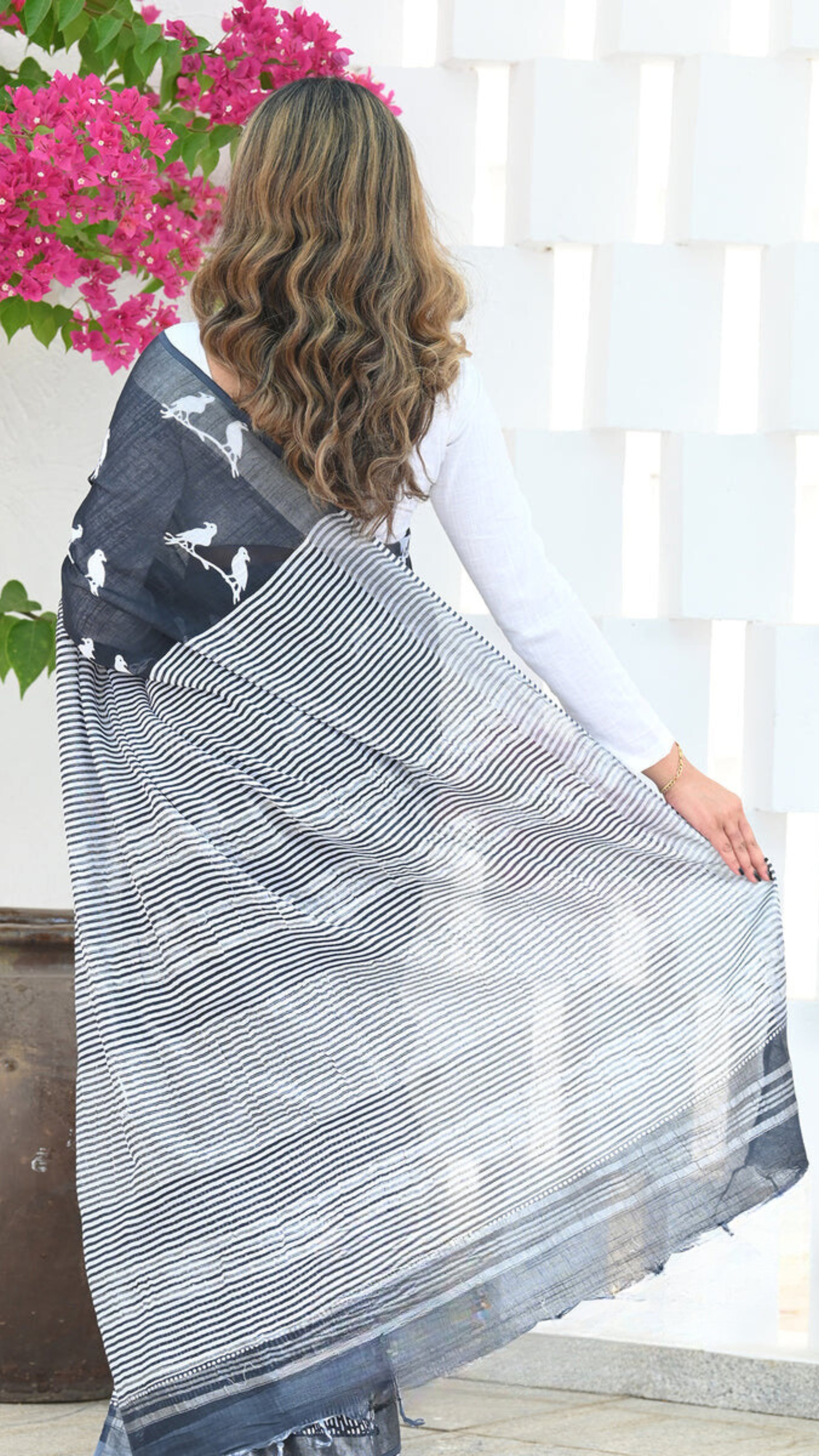 Women's Black Printed Saree with White Bird Motifs