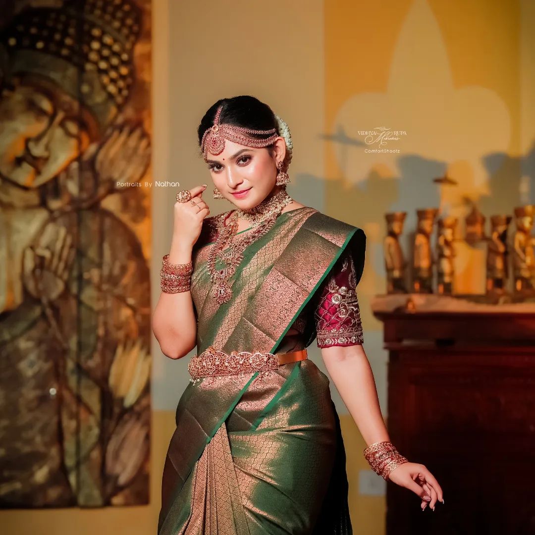 Printed Banarasi Jacquard Saree  (Green)